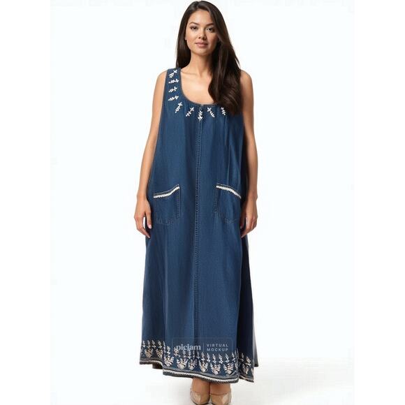 Vintage Agapo Women's Embroidered Jumper Maxi Denim Dress – XL/2X - Picture 1 of 8